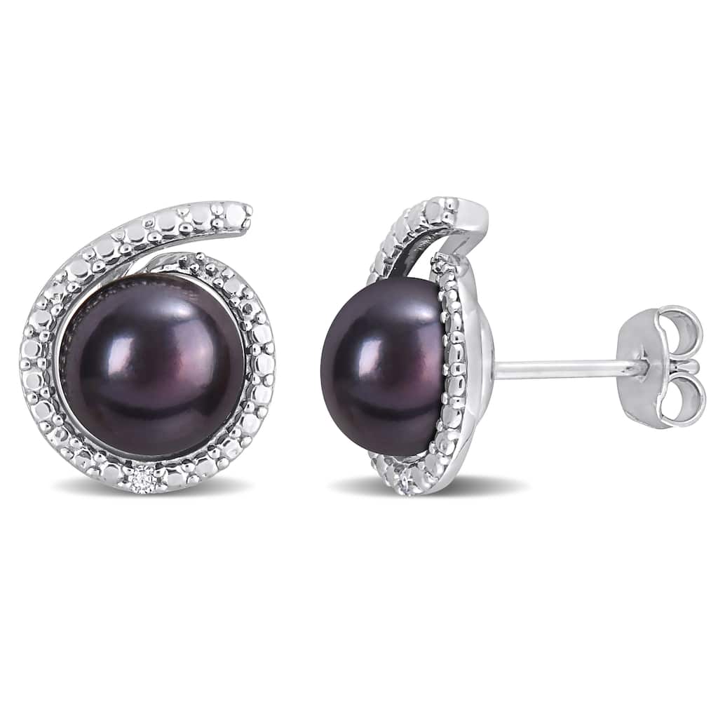 Miadora 8-8.5mm Black Cultured Freshwater Pearl and Diamond Accent Swirl Stud Earrings in Sterling Silver