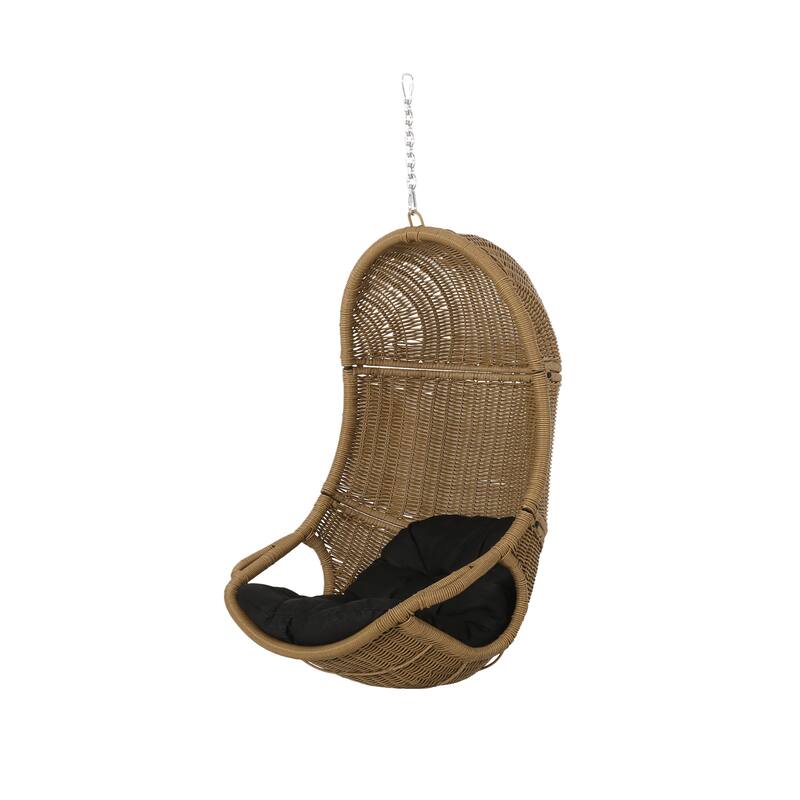 Roomfitters Hanging Wicker Egg Chair, Teardrop Rattan Swing Seat with Plush Dark Grey Cushion and Steel Chain for Patio, Natural