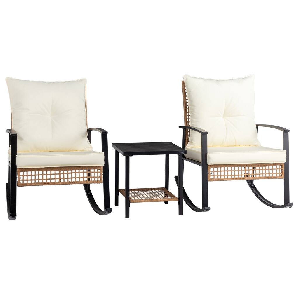 3-Piece Beige Patio Bistro Set with Rattan Rocking Chairs and Coffee Table Outdoor Furniture