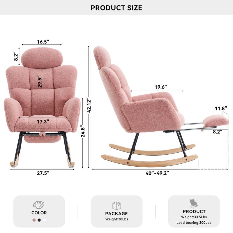 Comfortable Teddy Fabric Upholstered Rocking Chair with High Backrest and Pillows for Indoor Use