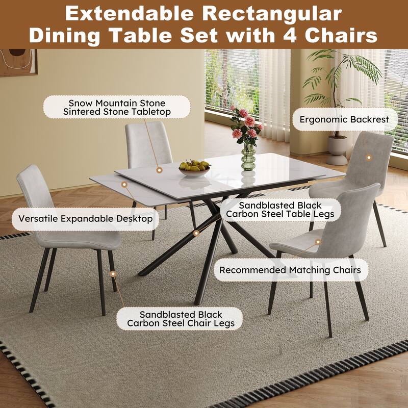 Retractable Sintered Stone Dining Table Set,with steel legs and a cross-leg structure at the bottom(Table + 4 Chairs)