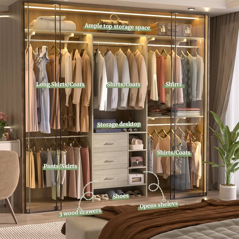 Rackcog 96'' W Closet Organizer with Drawers and Hanging Rods, Wardrobe Closet System (can be cut to fit)
