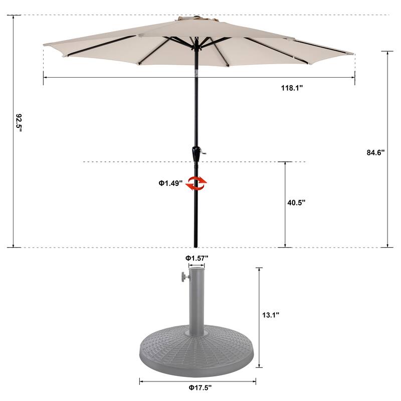 Outdoor 10' Round Patio Vented Umbrella, Crank, Push Button Tilt