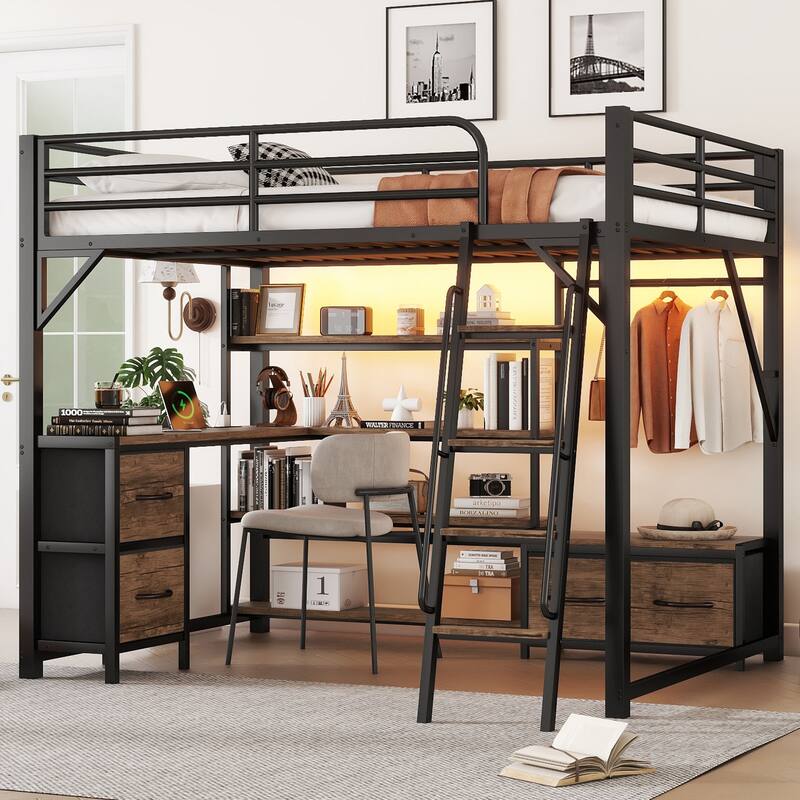Multifunctional Loft Bed With Study Desk, LED Lighting, Built-In Shelves, Closet And Underbed Storage Drawers For Teens And Kids