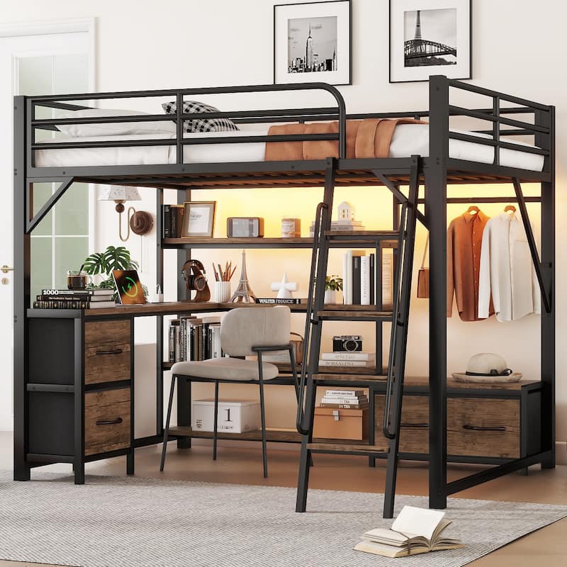 Queen/Full Loft Bed with Desk, Wardrobe & LED Lights for Teens