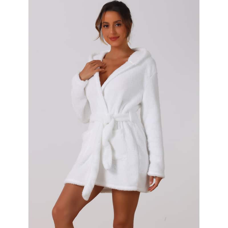 Womens Fuzzy Robe Belted Hooded Fleece Plush Bath Robe Winter Spa Robes with Pockets Mini Bathrobe - White - L