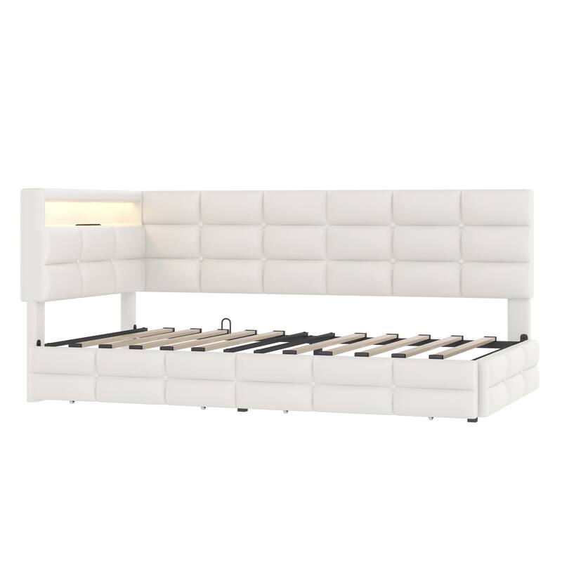 Twin Size Upholstered Daybed L-shaped Daybed with Storage Headboard, 2 Drawers, LED Lights, Charging Station, Linen Fabric