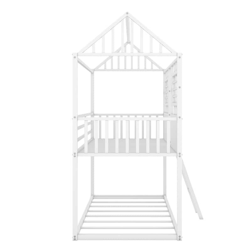 Twin over Twin Size Metal Low Bunk Beds Roof Fence Shaped Guardrail ...