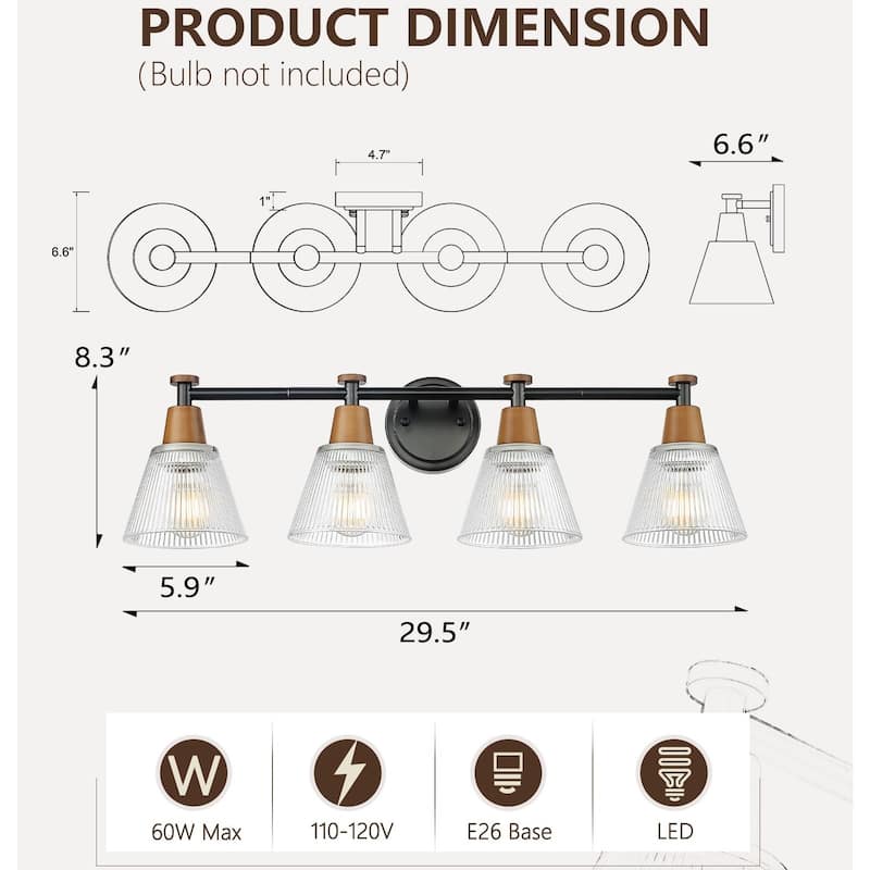 4-Light Bathroom Vanity Lighting with Wood Grain Paint