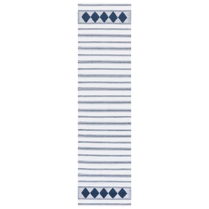 SAFAVIEH Handmade Flatweave Montauk Sietske Boho Stripe Cotton Rug - 2'3" x 9' Runner - Navy/Ivory