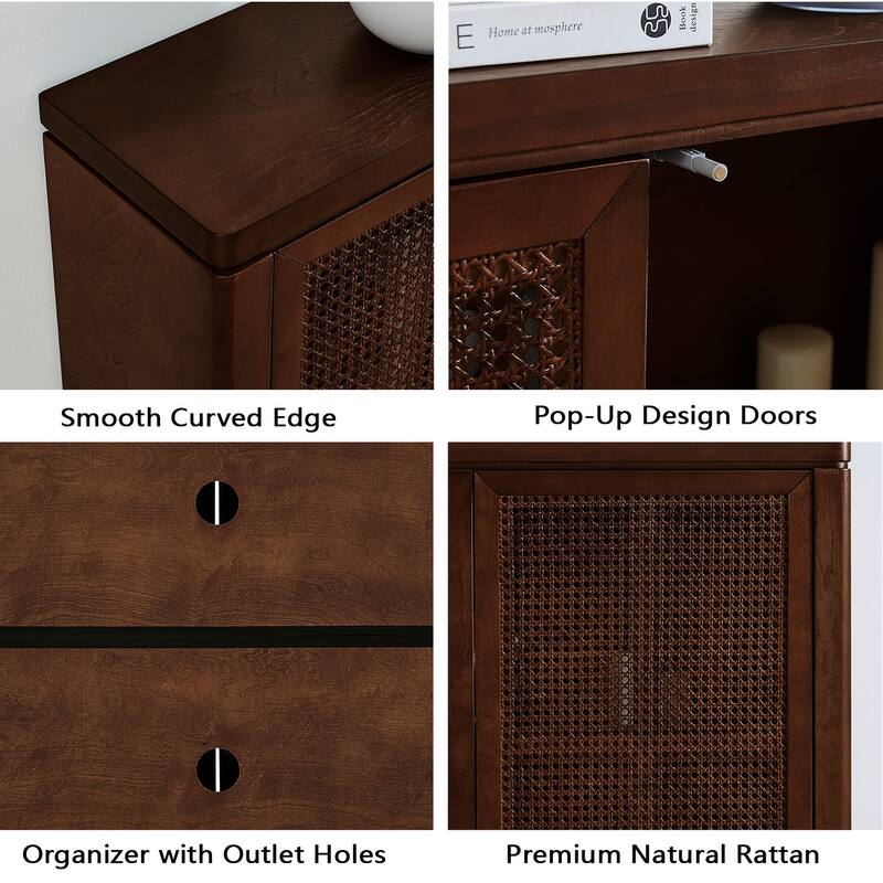 39.4" Mid Century Modern Rattan Sideboard Buffet Cabinet with 2 Outlet Holes, Coffee Bar Wine Bar Credenza,Storage Cabinet