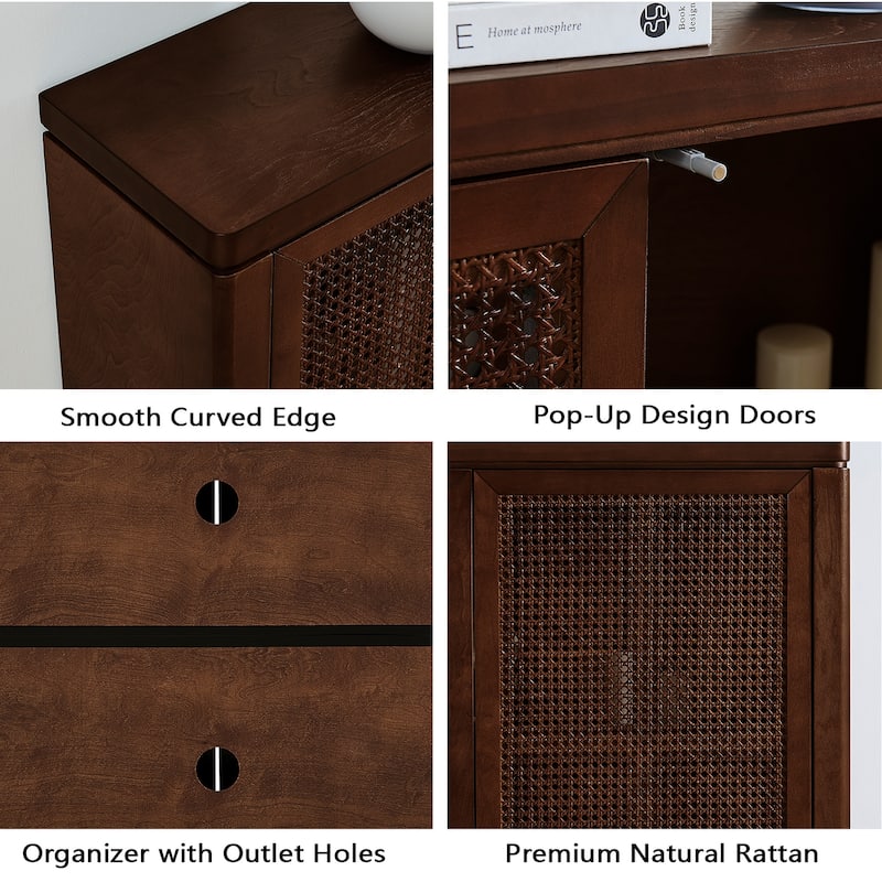 39.4" Mid Century Modern Rattan Storage Sideboard Cabinet with 2 Outlet Holes