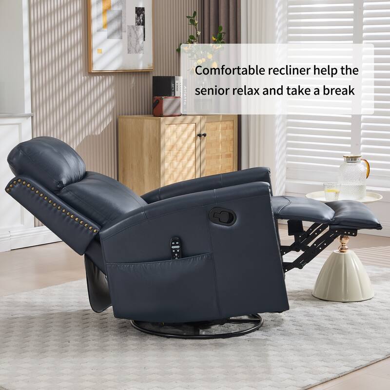 Roomfitters Genuine Leather Swivel Rocker Recliner, Manual Massage Glider with Heat and Top Grain Cowhide, Living Room