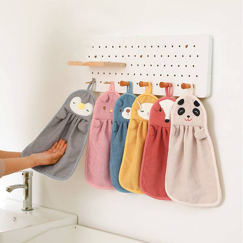 Cute Cartoon Animal Pattern Hanging Hand Towels, 6 Pack Soft Absorbent Decorative Hand Towel Set for Bathroom 9" x 14"