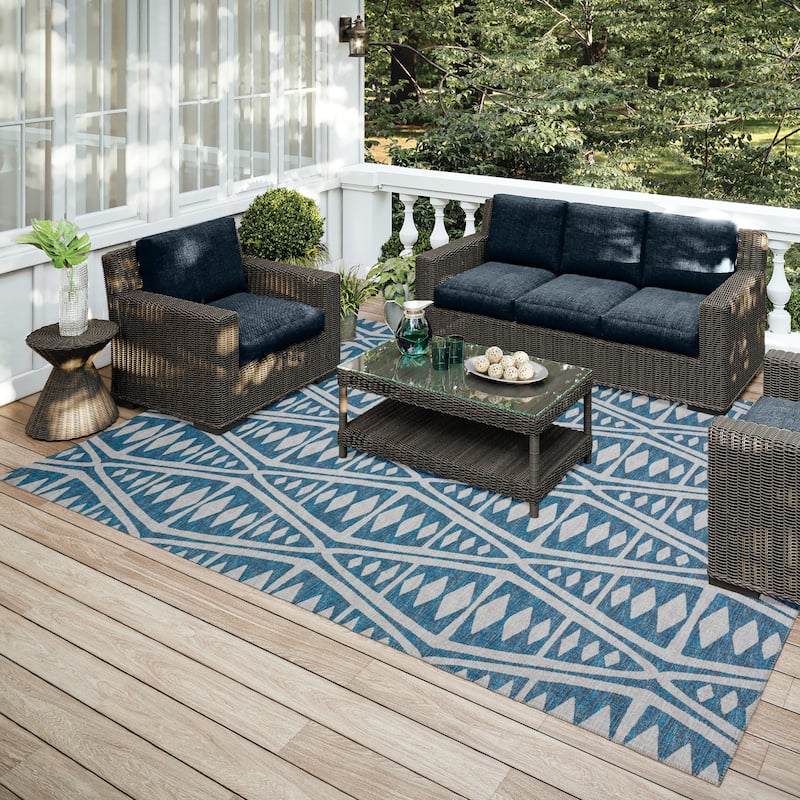 Indoor/ Outdoor Addison Yuma Southwest Tribal WashableArea Rug - 10' x 14' - Blue