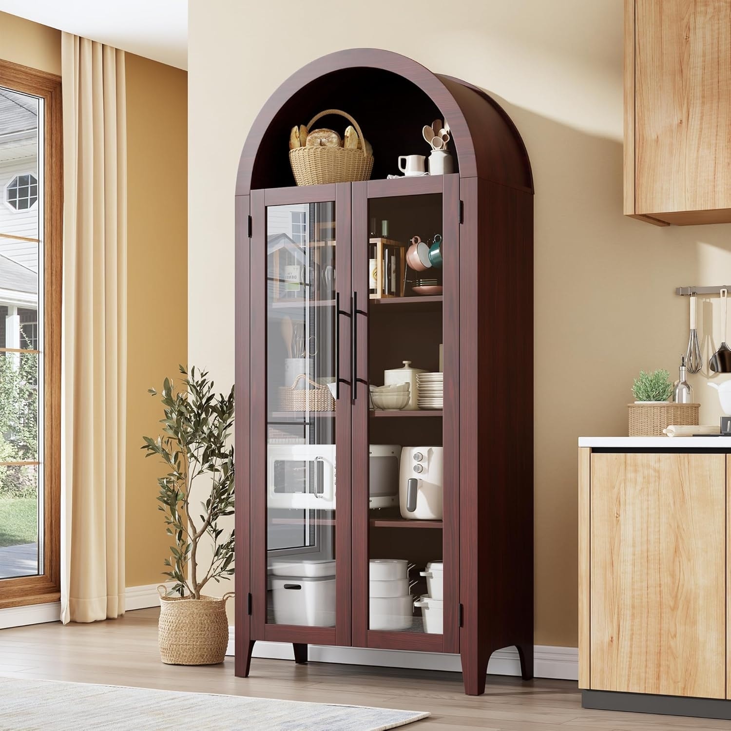 63.2in Tall Bookcase,Arched Pantry Cabinet,Farmhouse 5 Tier Display Shelf with Adjustable Shelf and 2 Large Glass Doors