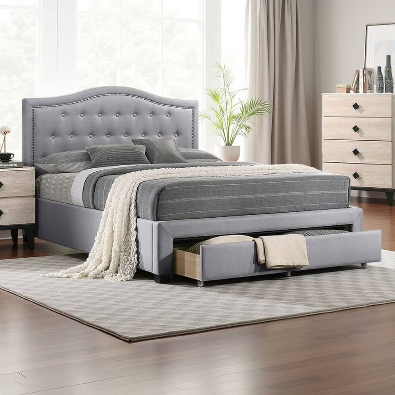 Sey King Size Bed w Storage Footboard, Light Gray Burlap Upholstery