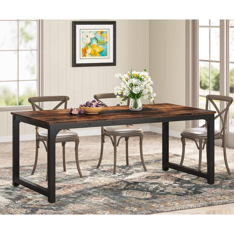 71" Industrial Dining Table for 6-8 People, Rustic Rectangular Kitchen & Dining Room Table with Heavy-Duty Metal Frame