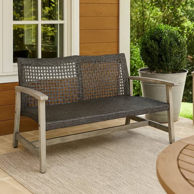 Bops Outdoor Loveseat, Rustic Acacia Wood Frame, 52 Inch, Gray Wicker
