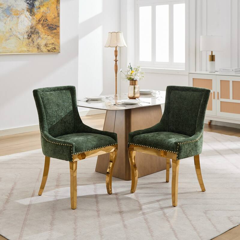 Chenille Dining Chairs with Curved Gold Legs (Set of 2 )