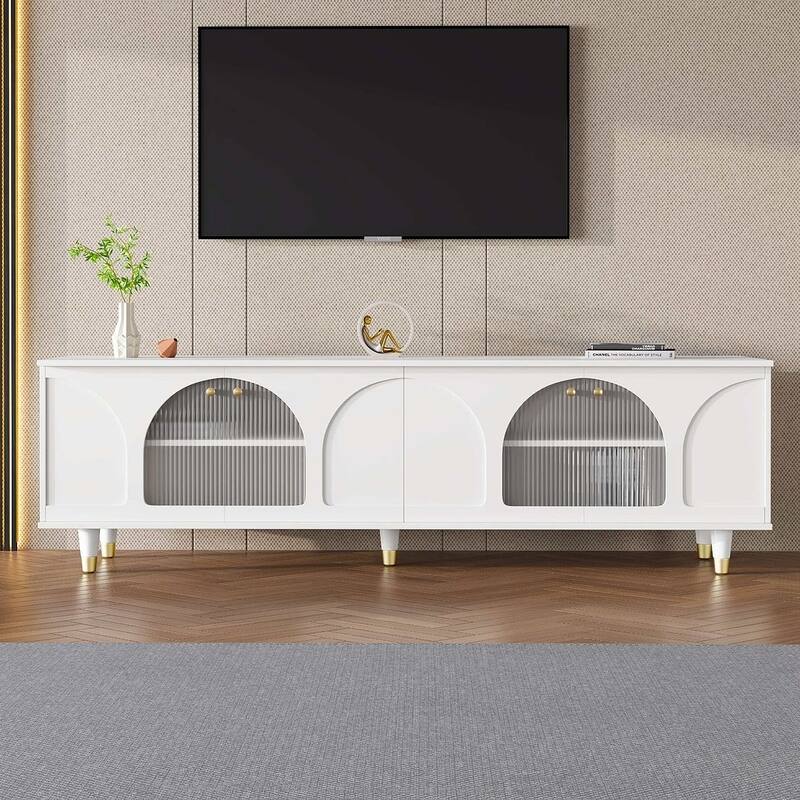 Retro Design TV Stand with Fluted Glass Doors and Adjustable Shelves for TVs Up to 78'' - Contemporary White