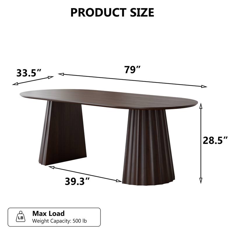 Modern Oval Wooden Dining Table - 79" Large Size, Sturdy Fluted Base, Natural Oak Finish for Dining Room