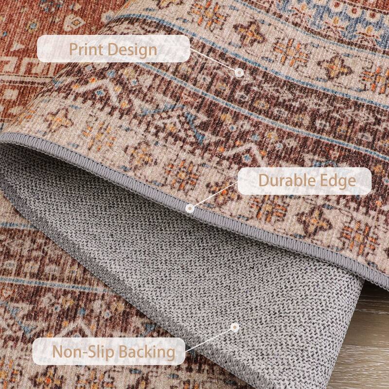 Mcow Faded Floral Vintage Low-Pile Machine Washable Non-Slip Area Rug