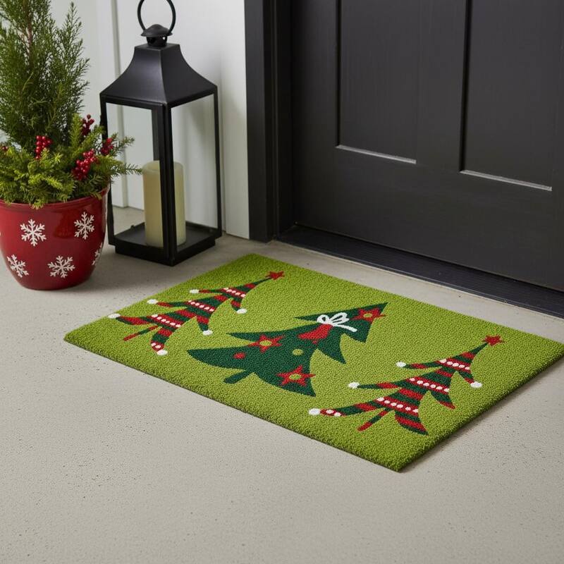 HomeRoots 24" X 36" Green And Red Christmas Trees Outdoor Coir Door Mat - 24.00' X '36.00 - 24.00' X '36.00