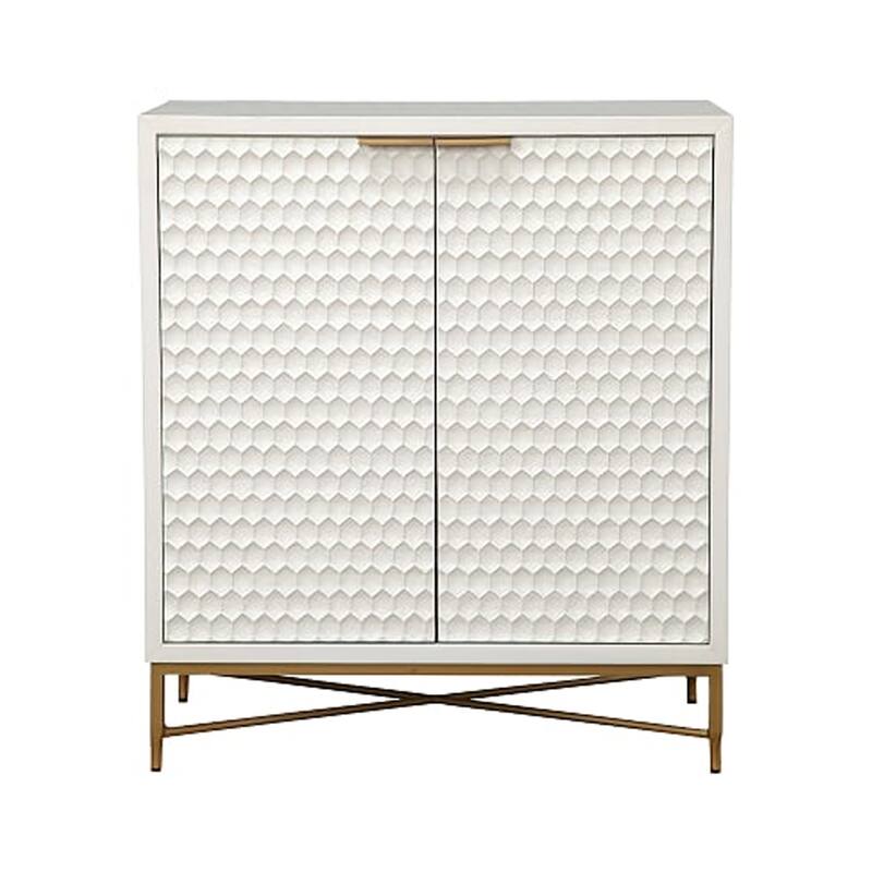 Honeycomb Design 2 Door Bar Cabinet with Metal Legs, White