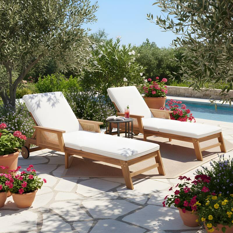 Christopher Knight Home - Soli Outdoor Acacia Wood 3-Position Adjustable Chaise Lounge Set with 19.29" H Ceramic Tile Side Table