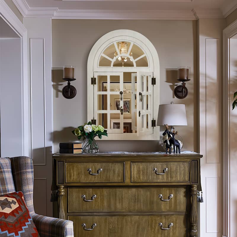 Arched Wood Framed Windowpane Accent Mirror Wall Mirror