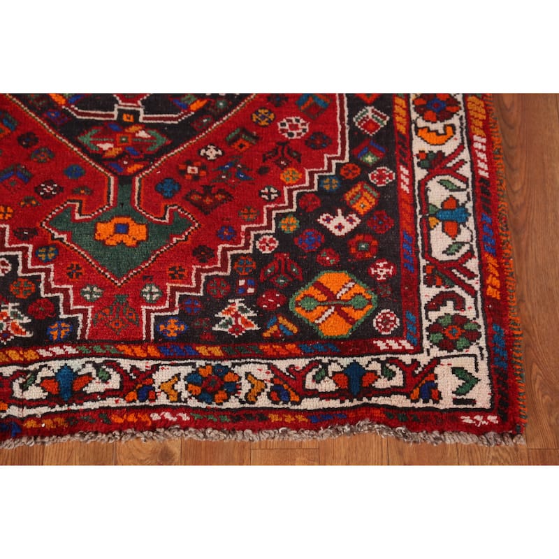 Hand Knotted Oriental 100% Wool Carpet Traditional Tribal Red Shiraz Runner Rug - 10' 8'' X 3' 2''