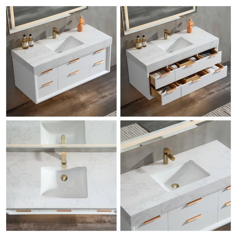 36/48/60 Modern Floating Bathroom Vanity with Sinle/Double Sink & Soft-Close Drawers & LED Lighting & Waterproof, White
