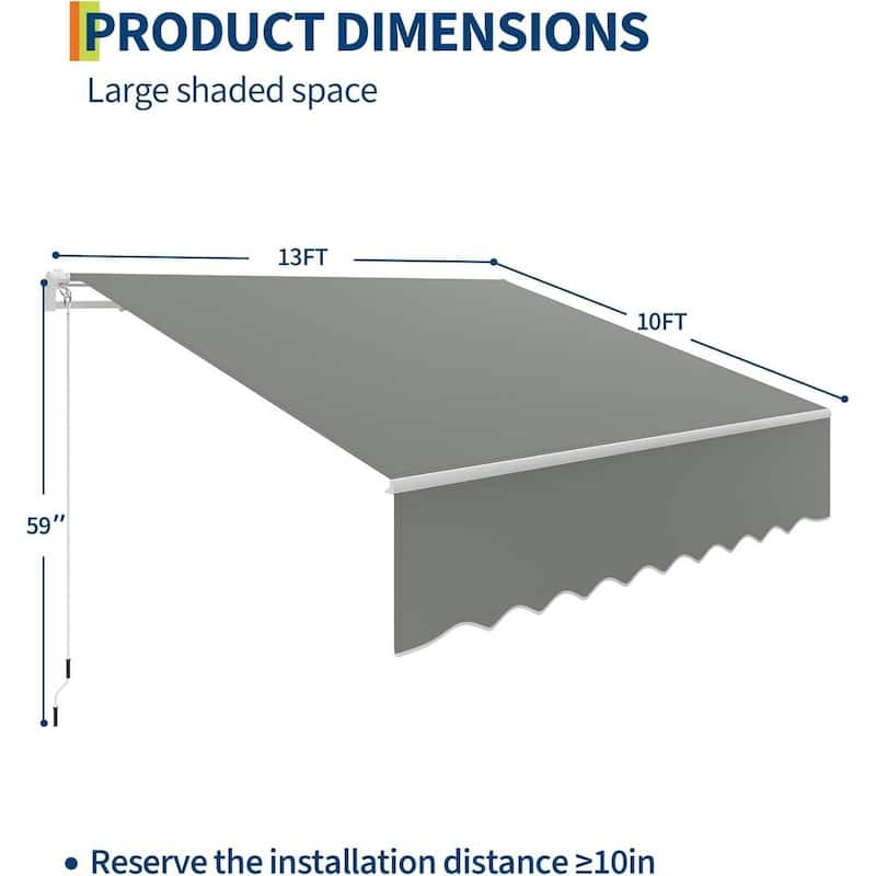 13'x10' Retractable Waterproof Patio Awning, Sun Shade Awning with Manual Crank Handle - N/A