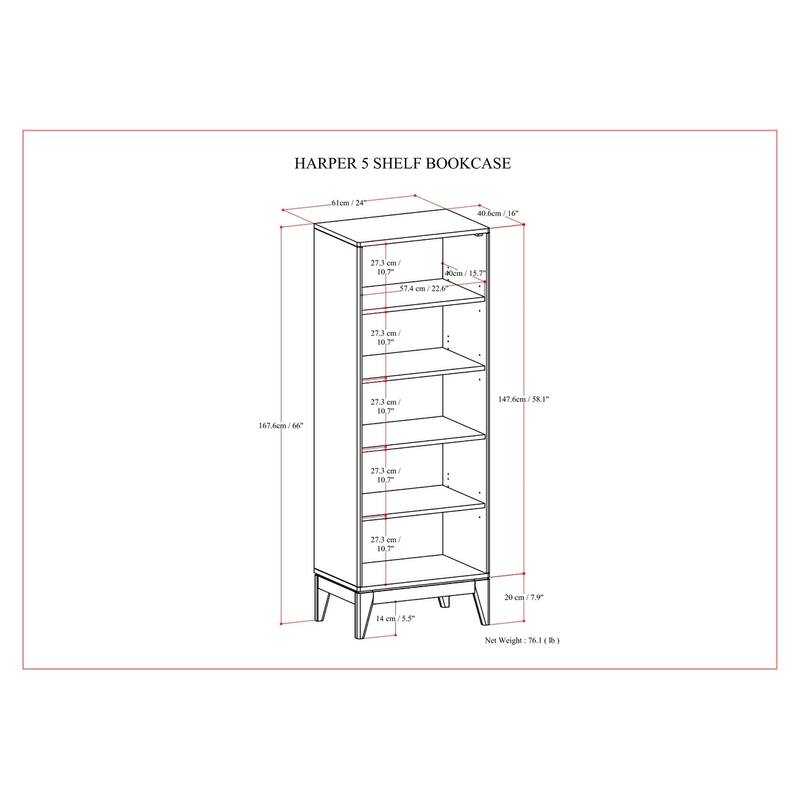 WYNDENHALL Pearson SOLID HARDWOOD 66 x 24 inch Modern 5 Shelf Bookcase in Walnut Brown - 16 "d x 24" w x 66" h