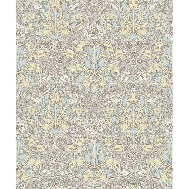 Spring Thicket Light Blue Tulip Damask Wallpaper