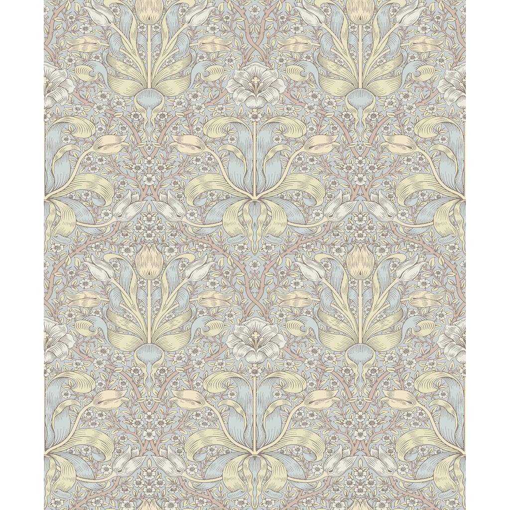 Spring Thicket Light Blue Tulip Damask Wallpaper