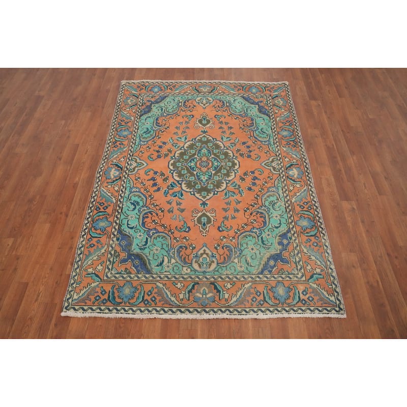 Hand Knotted Oriental 100% Wool Carpet Traditional Floral Oranges & Rust Tabriz Area Rug - 6' 3'' X 4' 5''