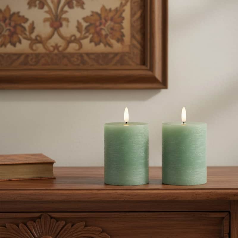 Set of Two Green Flameless Pillar Candles - Green