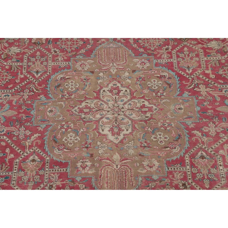 Pink Distressed Tabriz Persian Vintage Area Rug Handmade Wool Carpet - 9'9" x 12'11"