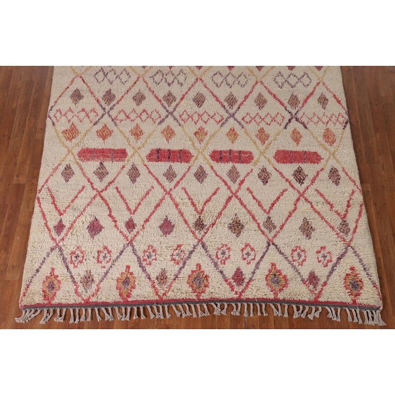 Tribal Moroccan Area Rug Handmade Beige Wool Carpet - 7'0" x 10'4"