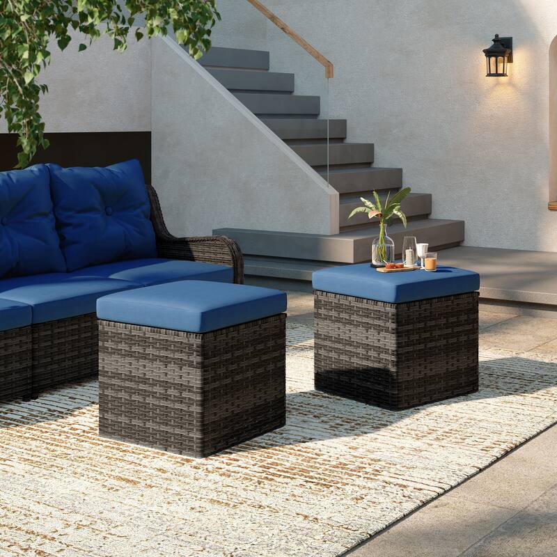 Outdoor Wicker Square Storage Ottoman with Plush Cushion(Set of 2)