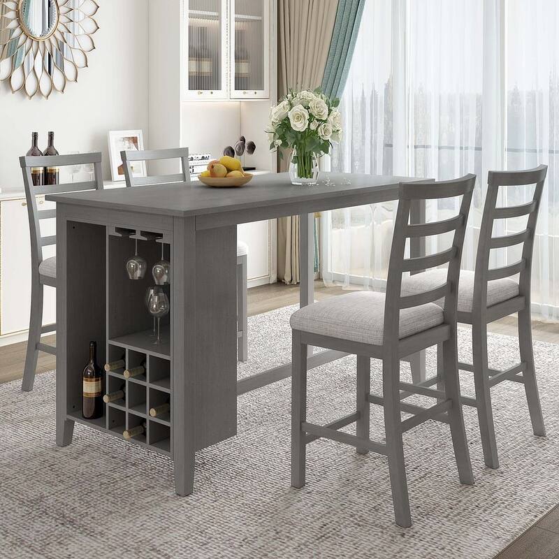 5 PCS Multi-Functional Rubber Wood Dining Set withIntegrated 9 Bar Wine Compartment - Grey