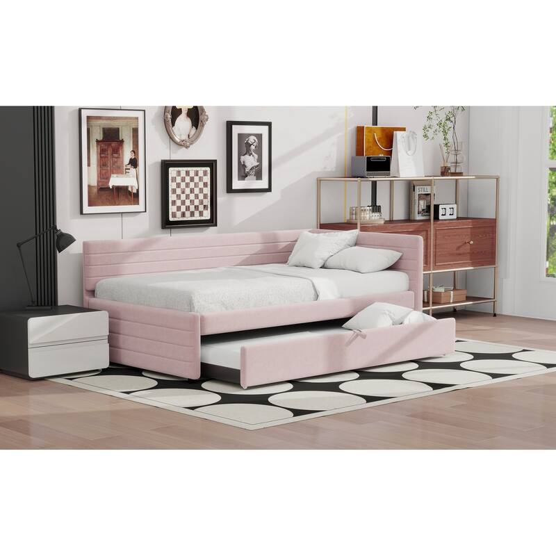 Twin Size Upholstered Daybed with Roll-Out Trundle, Space-Saving Wooden Frame, No Box Spring Needed