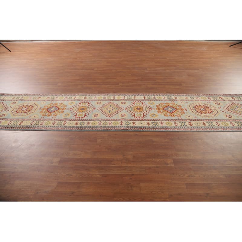 Kazak Runner Rug Handmade Traditional Blue Wool Carpet - 2'9" x 12'11"
