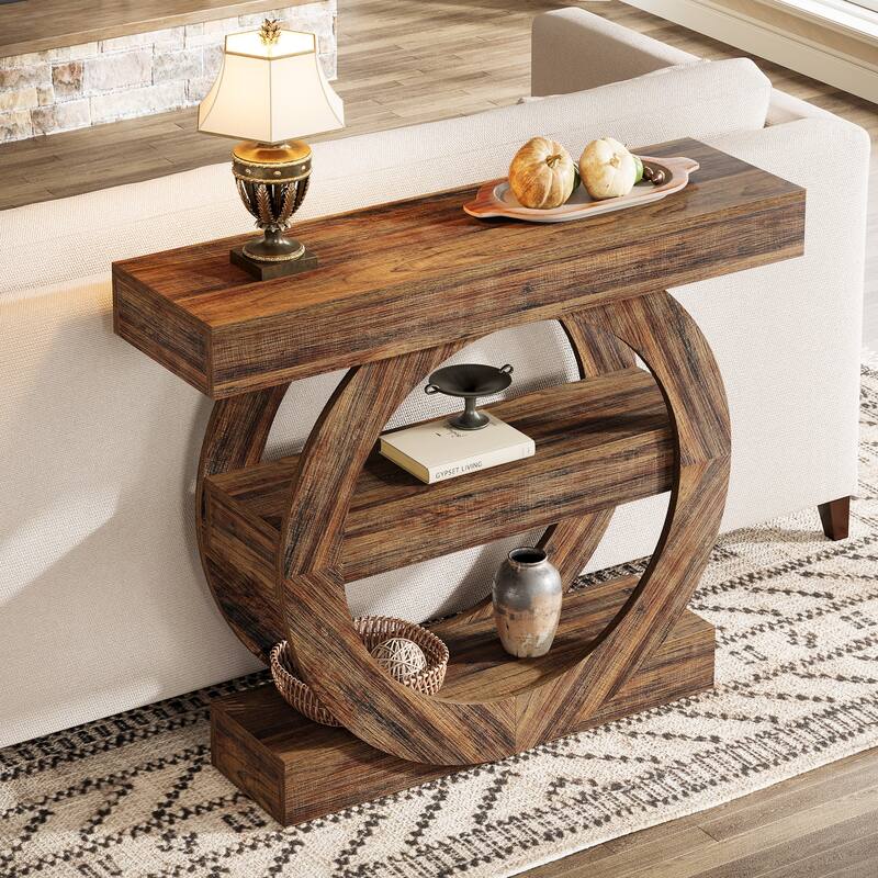 Industrial Brown 3-Tier Wood Console Table Sofa Tables for Entryway