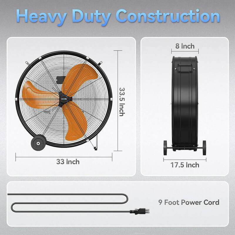 30" Industrial 3-Speed 235W Adjustable High Velocity Portable Drum Fan with Wheel and Orange Blades