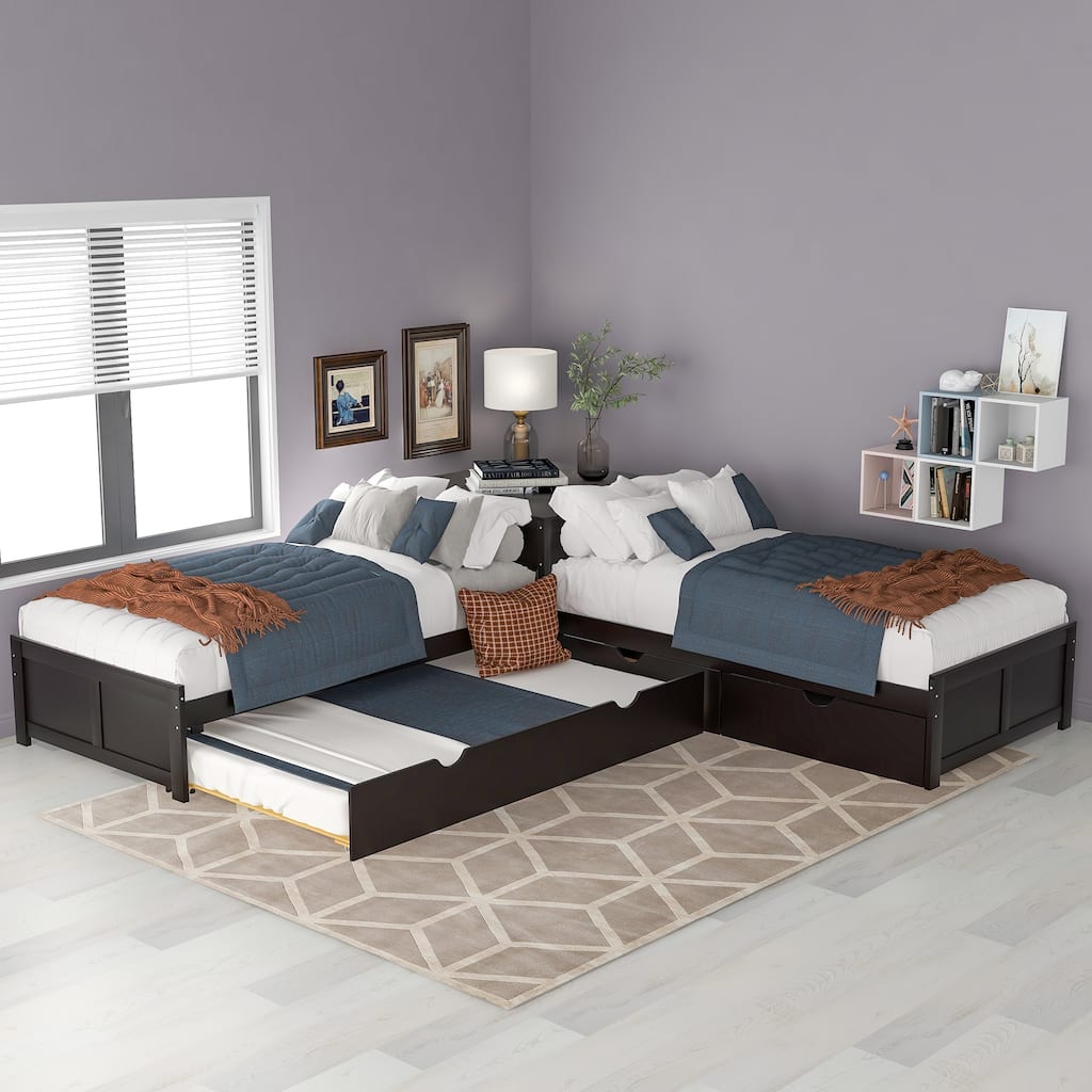 Espresso Twin L-shaped Platform Bed with Trundle & Drawers