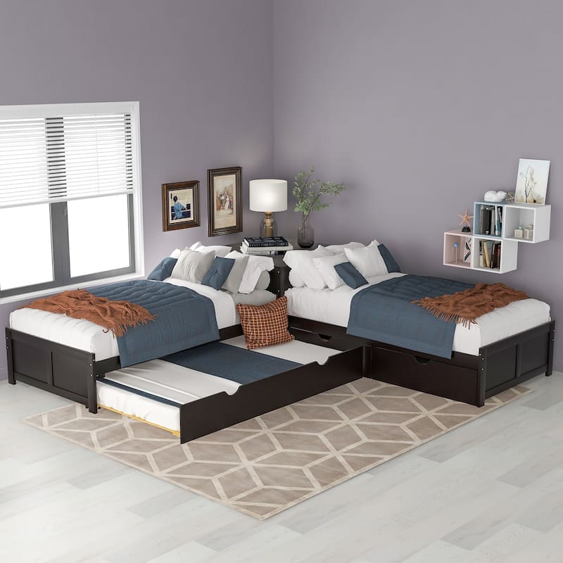 Solid Wood L-Shaped Bed with Trundle, Desk & Drawers - 3-in-1 Sleeping and Study Area - Espresso