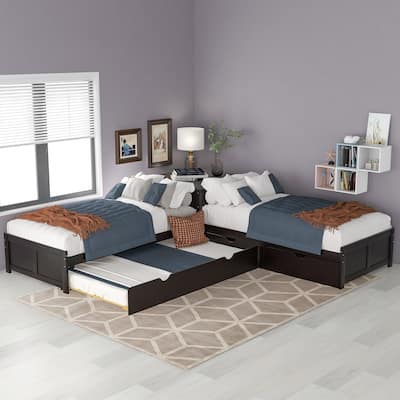 Solid Wood L-Shaped Bed with Trundle, Desk & Drawers - 3-in-1 Sleeping and Study Area